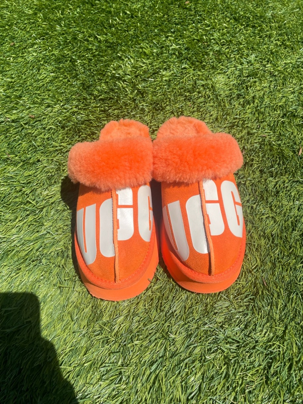 UGG Orange Pom-Trim Platform Slippers